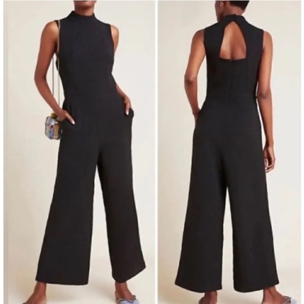 Eva Franco Jumpsuit Size L Black Mock Neck Wide Leg Textured Minimalist Modern